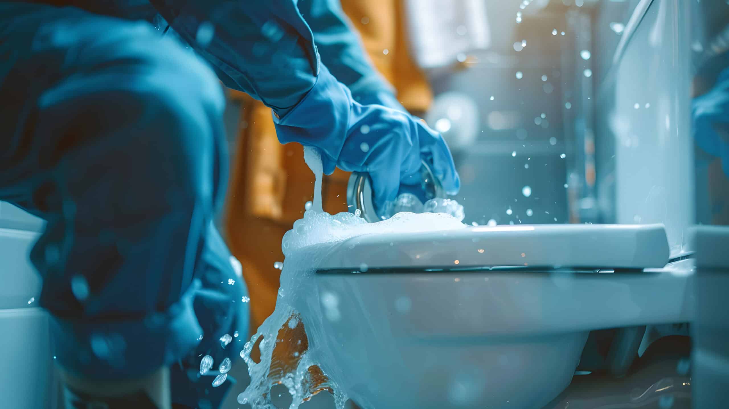 plumber unclogging blocked toilet with hydro jetting at home bathroom. sewer cleaning service